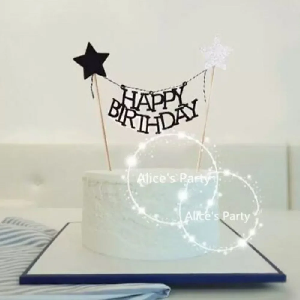 HAPPY Birthday Black & White Stars Cake Topper NWT